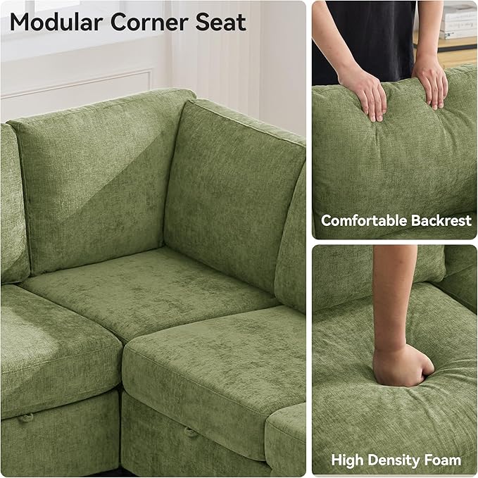 127'' Oversized U Shaped Modular Sofa, Sectional Couches with Storage for Living Room, Modern 9 Seater Cloud Sectional Couch with Movable Ottoman, Chenille Green
