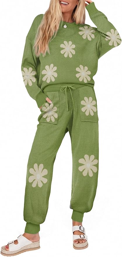Ekouaer Women's 2 Piece Lounge Set Long Sleeve Knit Pajamas Sweatsuit Jogger Pant Outfits With Pockets S-XXL