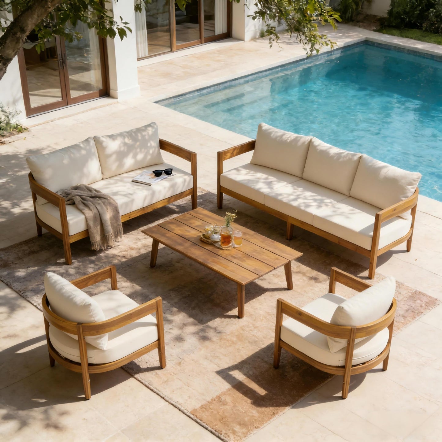 Merax 5pcs Outdoor Acacia Wood Conversation Set with 2 Chais,Loveseat,3-Seater Sofa and Coffe Table,with Cushions for Patio,Garden