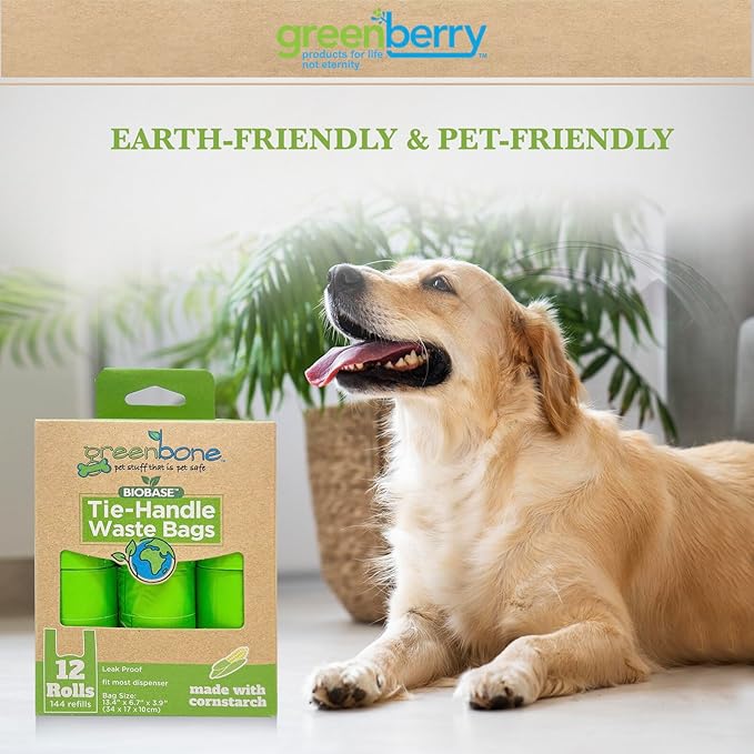 Greenbone BioBase Cat or Dog Poop Bags Rolls with Handle Tie, Large Leak Proof- 12 Rolls -144 refills