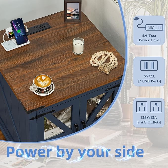 Farmhouse Coffee Table Sets 3 Pieces, Large End Side Tables with Charging Station and Coffee Table with Hidden Storage Compartment, Blue Living Room Table Set, Wood Furniture Sets for Home Office