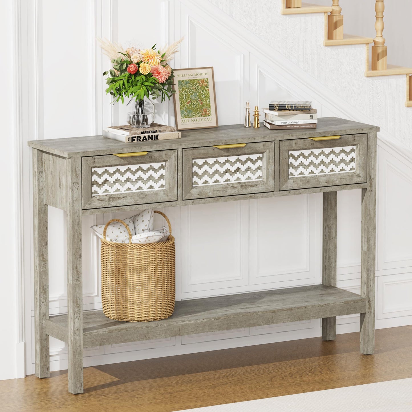 YOCONYO Entryway Table, Rattan Console Table with 3 Storage Drawers and Storage Shelf, Sofa Table with Socket, for Entryway, Living Room, Behind Couch and Hallway (Grey)