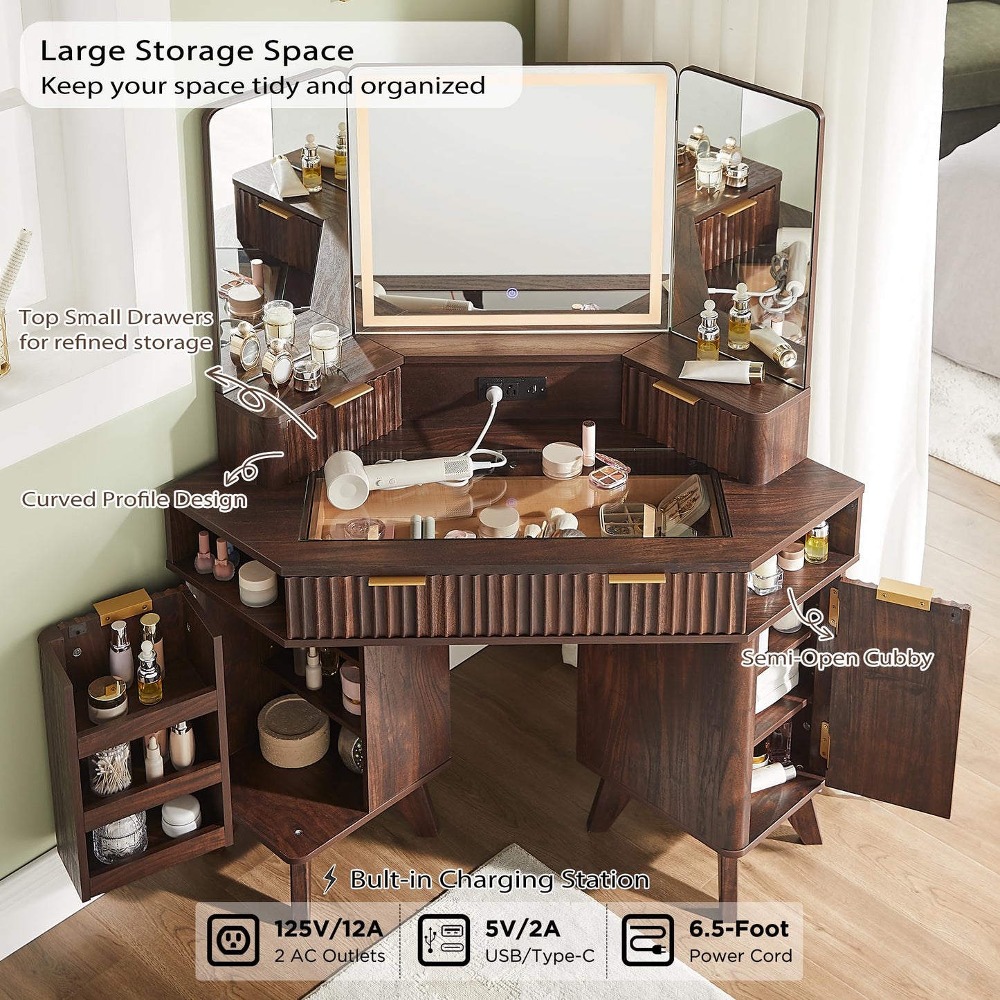 T4TREAM Fluted Makeup Vanity Desk with 3 Way Mirror and Lights, 48" Large Corner Vanity Table with Glass Top, Charging Station, 3 Drawers, Storage Cabinets & Shelves, for Bedroom, Dark Walnut
