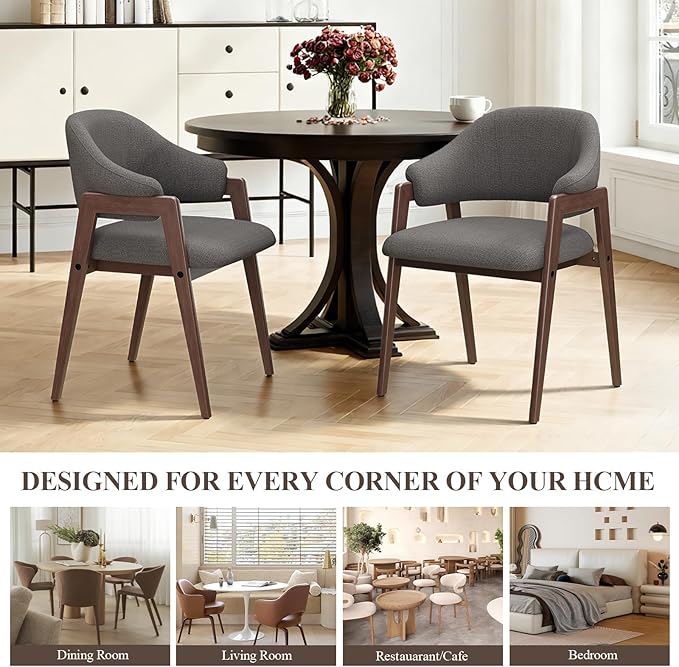 MALOL Wooden Dining Chairs Set of 6, Modern Fabric Upholstered Dining Room Chair, Kitchen Side Chairs, Farmhouse Dinner Chair with Curved Open Back for Kitchen, Grey