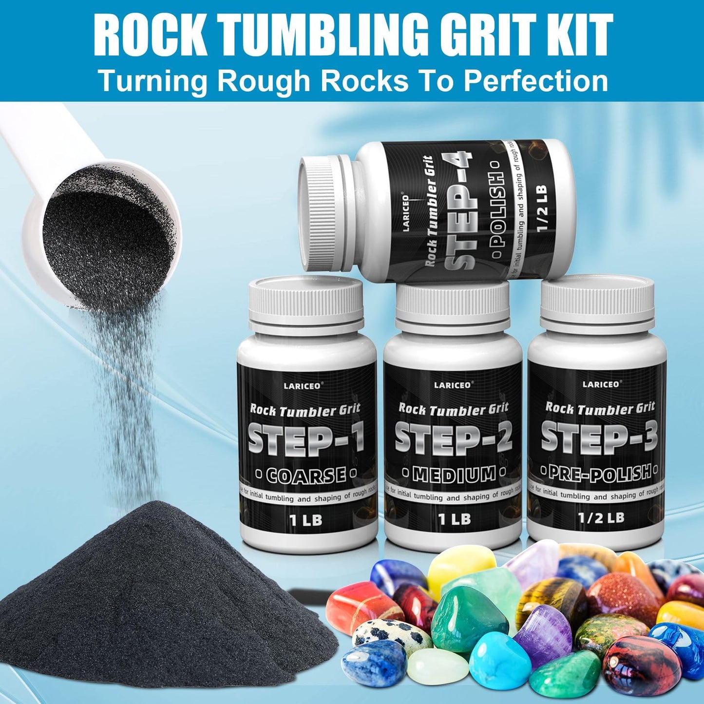 3LB Rock Tumbler Grit and Polish Refill Set, 4-Step Professional Polish Rock Tumbler Grit to Unlock Stunning Polished Stones. Ideal for National Geographic, KomeStone, and Other Polishers and Tumblers