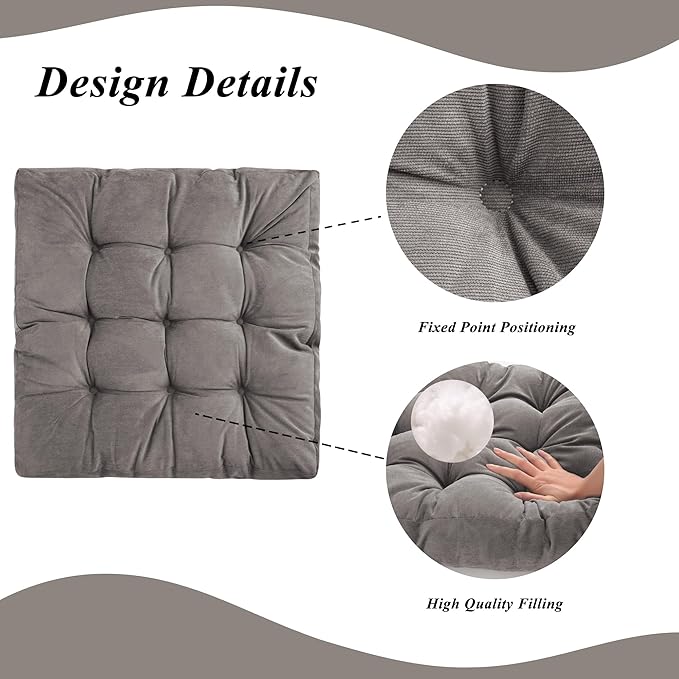 FlyGulls Meditation Floor Pillow 22×22 Inch 1 Pack Large Floor Cushions for Adults Square Tufted Corduroy Floor Pillows for Yoga Living Tatami Room Grey