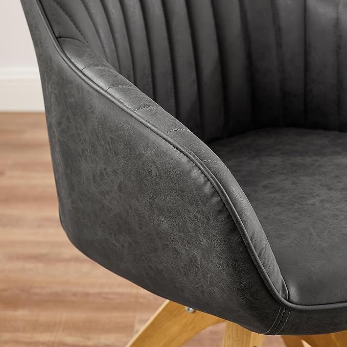 Art Leon Dining Chair, Mid Century Modern Faux Leather Upholstered Swivel Dining Room Chair with Oak Wood Legs, Leisure Side Chair with Arms for Living Room, Black