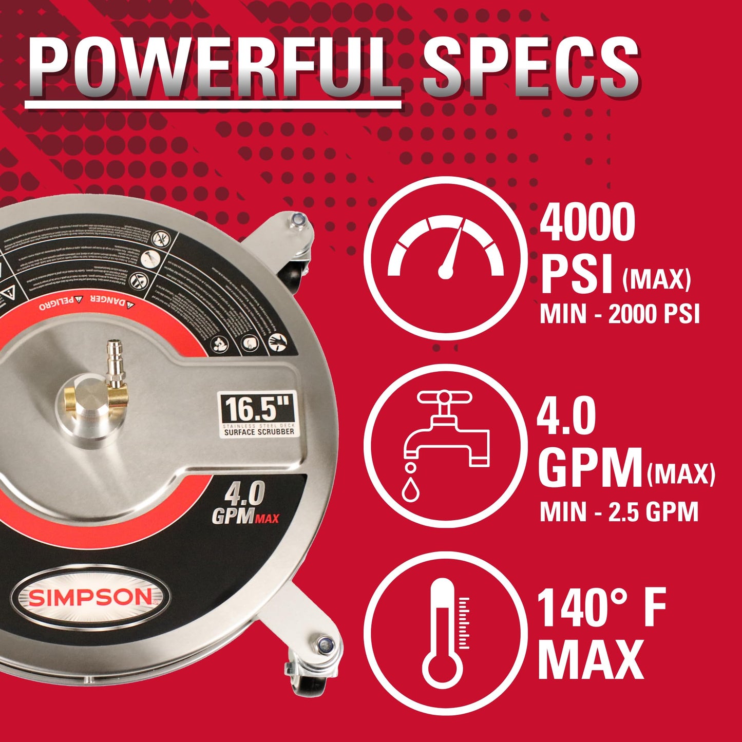 Simpson Cleaning Universal 16.5" Pressure Washer Surface Cleaner, Stainless Steel, for Gas and Electric, Cold Water, 1/4" Quick Connection, Max of 4000 PSI, 80625