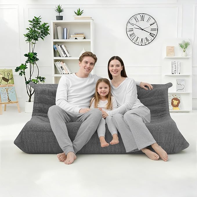 HABUTWAY Bean Bag Chairs Fireside Lazy Floor Sofa, Soft Teddy Fleece 3 Seater Sofa with High-Resilience Foam Filling，Beanbag for Living Room, Bedroom, Office (Dark Grey Teddy)