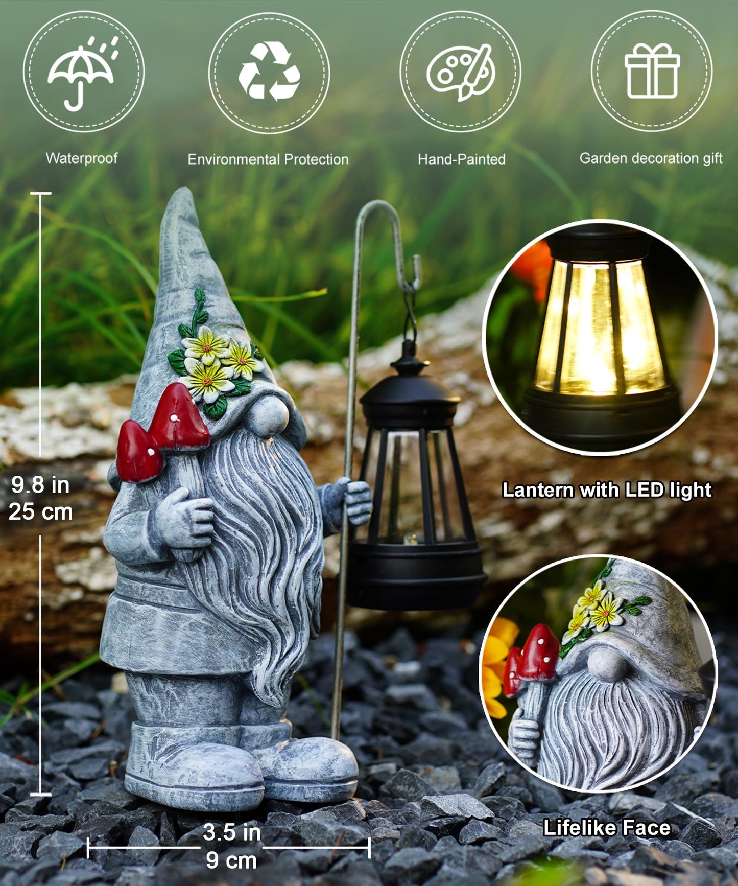 Acgarten Garden Gnome Statue with Solar Lights Lantern,Outdoor Sculpture Home Decor for Yard Lawn Balcony Patio Porch,Gardening Gifts for Mom Women Grandma