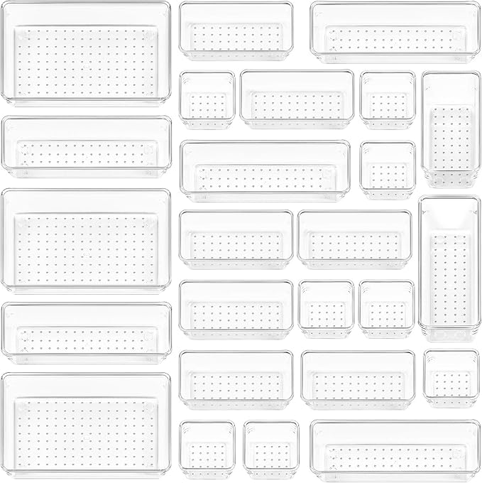 Vtopmart 25 PCS Clear Plastic Drawer Organizers Set, 4-Size Versatile Bathroom and Vanity Drawer Organizer Trays, Storage ...