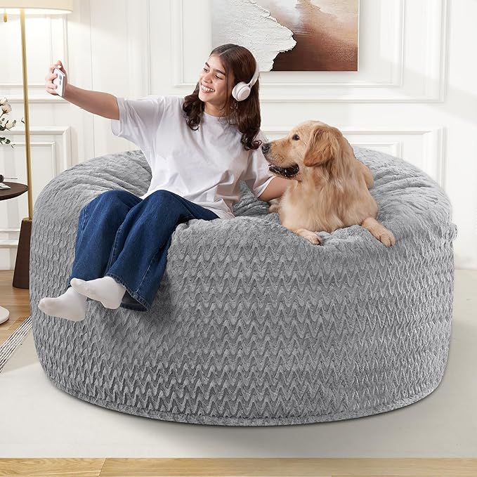 HABUTWAY 3FT Bean Bag Chair,Giant Bean Bag Chairs for Adults,Big Bean Bags with Memory Foam Filled, Large Beanbag Chairs with Chevron Plush Cover-Grey