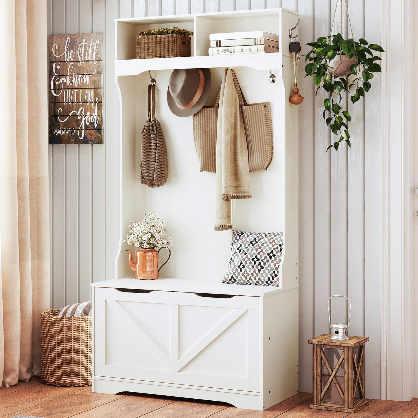 HOOBRO Hall Tree with Bench and Shoe Storage, Entryway Bench with Coat Rack and Shoe Cabinet, Flip-Down Cabinet Door, Coat Rack with Shoe Rack, for Mud Room, White WT84MT01