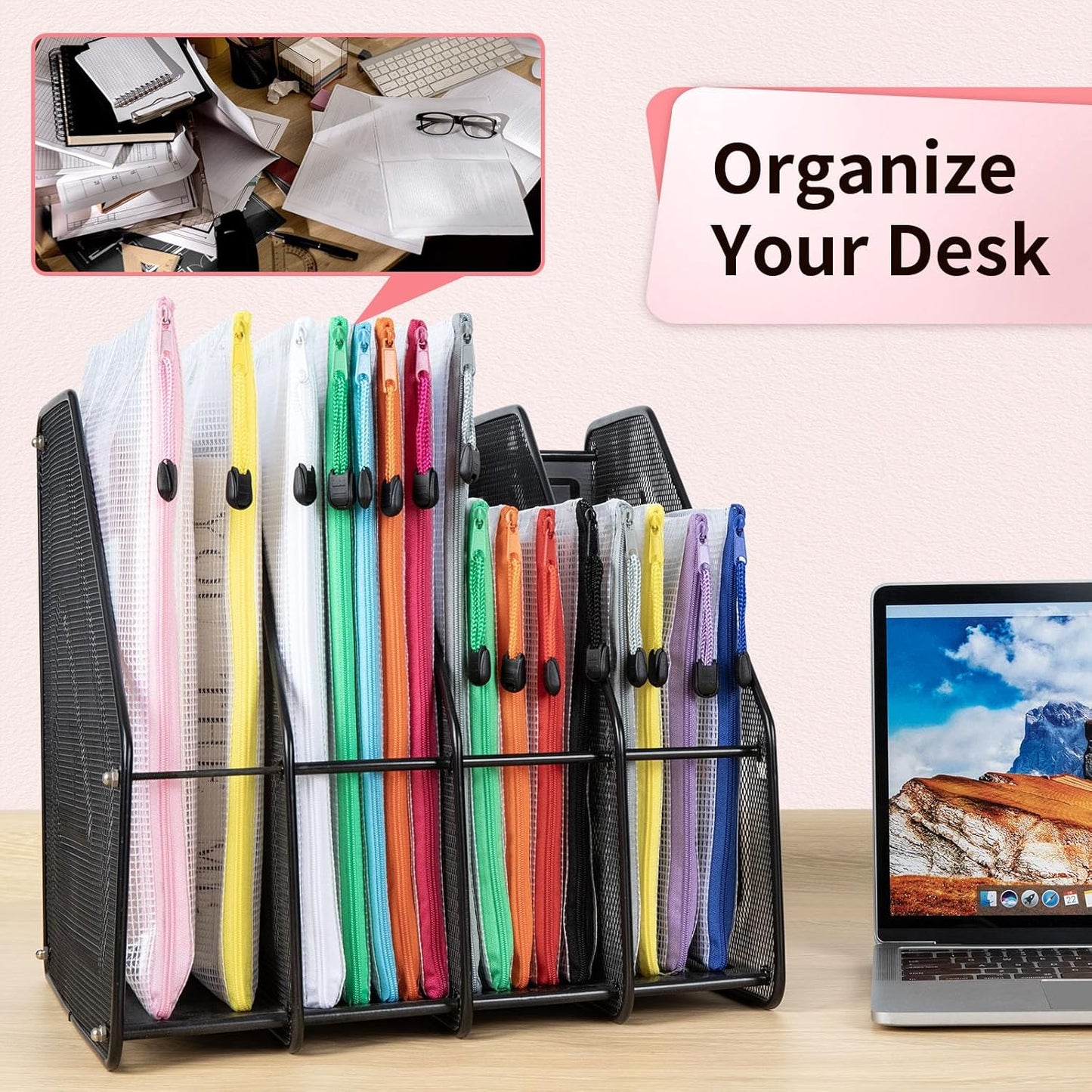 Umriox Small Zipper Pouch, 9.5x7.1 in (Black, 12 Packs), Mesh Bags with Zipper for Office Supplies Travel Accessories