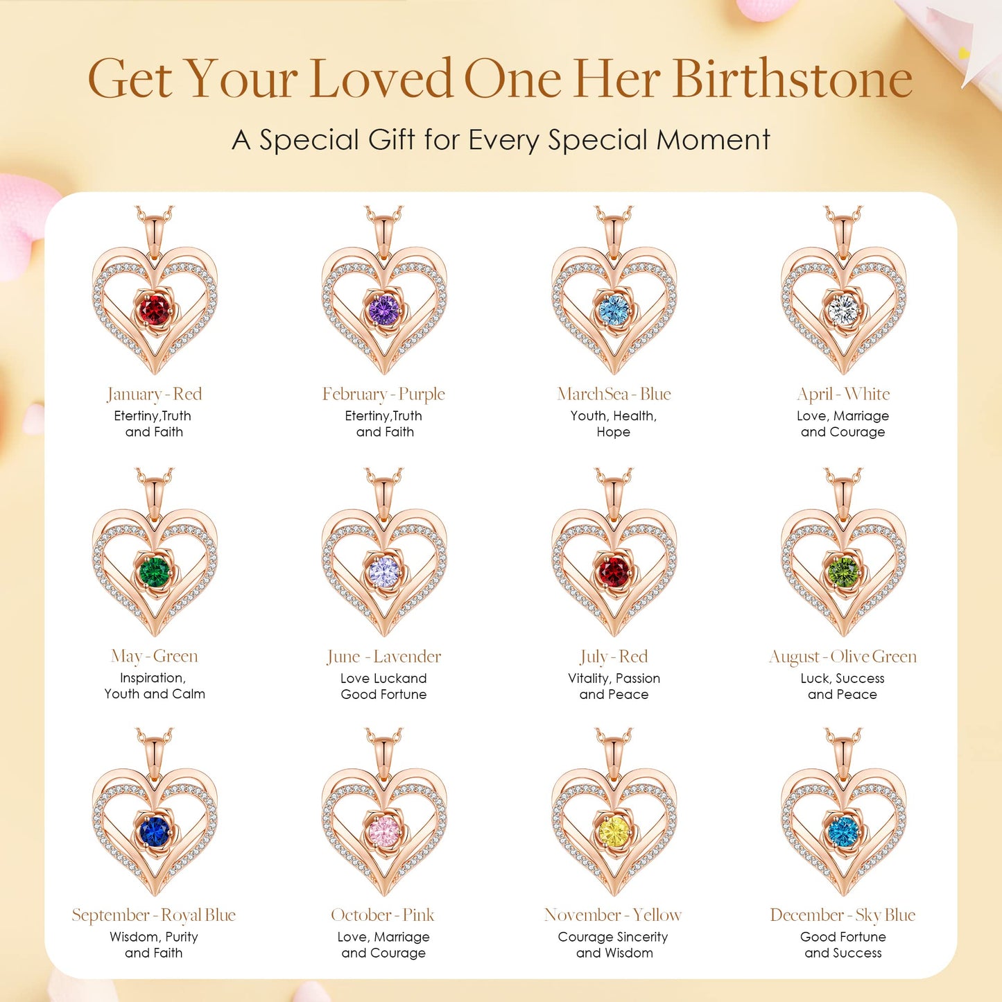 CDE S925 Silver Rose Gold Heart Birthstone Necklaces for Women，Ideal Anniversary or Birthday Jewelry Gifts for Wife Girlfriend Her
