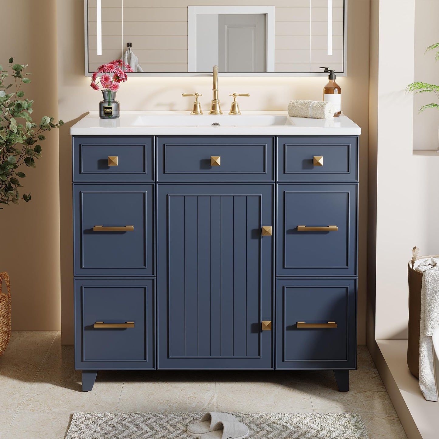 Tribesigns 36 Inch Bathroom Vanity with Sink, Modern Bathroom Cabinet with Soft-Closing Door & 4 Drawers, Adjustable Shelf, Solid Wood Frame Bath Storage Vanity Sink with Metal Handles, Navy Blue