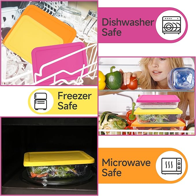 6 Cup Rectangle Silicone Storage Cover Lids Replacement for Pyrex 7211-PC Glass Bowls, (Container not Included) 2 Pack, Microwave, Dishwasher and Freezer Safe