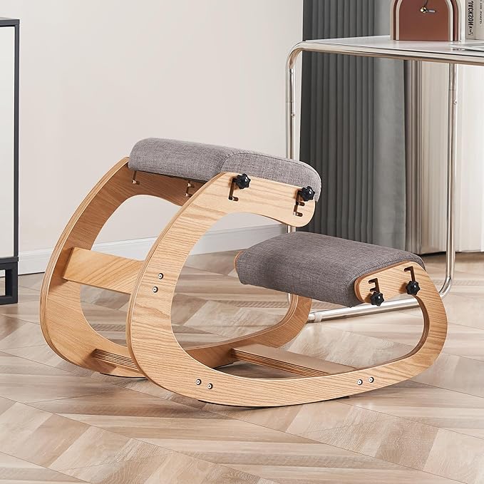 HoeuThien Ergonomic Kneeling Chair, Adjustable Rocking Office Chair Wooden Knee Chair Posture Chair for Home Office Back Pain Relief, Grey