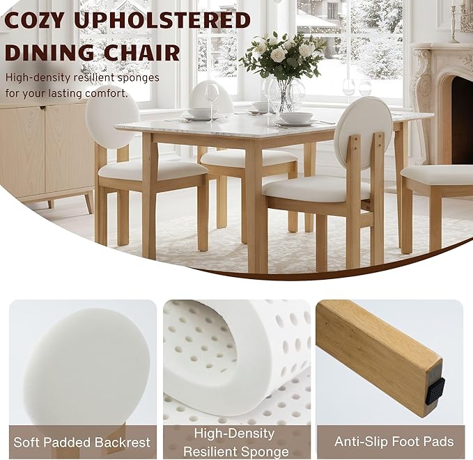 Wahson Modern Wood Dining Chairs Set of 4, Farmhouse Beige Linen Kitchen Chairs with Round Back and Wooden Legs, Mid-Century Armless Upholstered Accent Chairs for Dining Room/Living Room/Restaurant