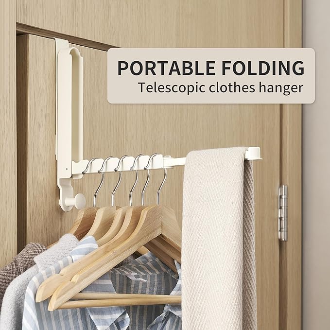 Over The Door Hooks Hanger Fit Door up to 1 3/4" Optimal 1pc,Over The Door Hanger with Retractable Rod,Foldable Over The Door Drying Rack for Laundry Bathroom Bedroom (Milky White, 1 Pack)