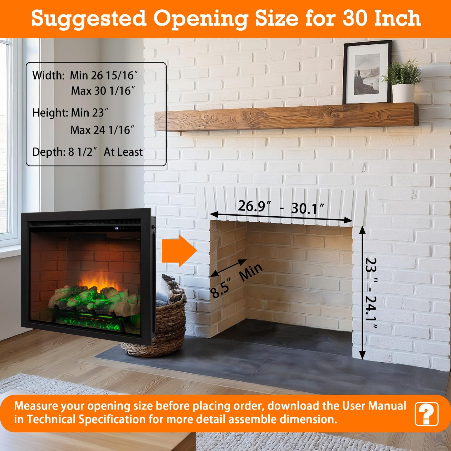 Unineo Electric Fireplace Insert w/Top Light, 12×12×12 Flame Color Option with Fire Crackling Sound, 30 5/8″W×24 5/16″H, 750W/1500W Eco Heater, Remote & Button Control, Black