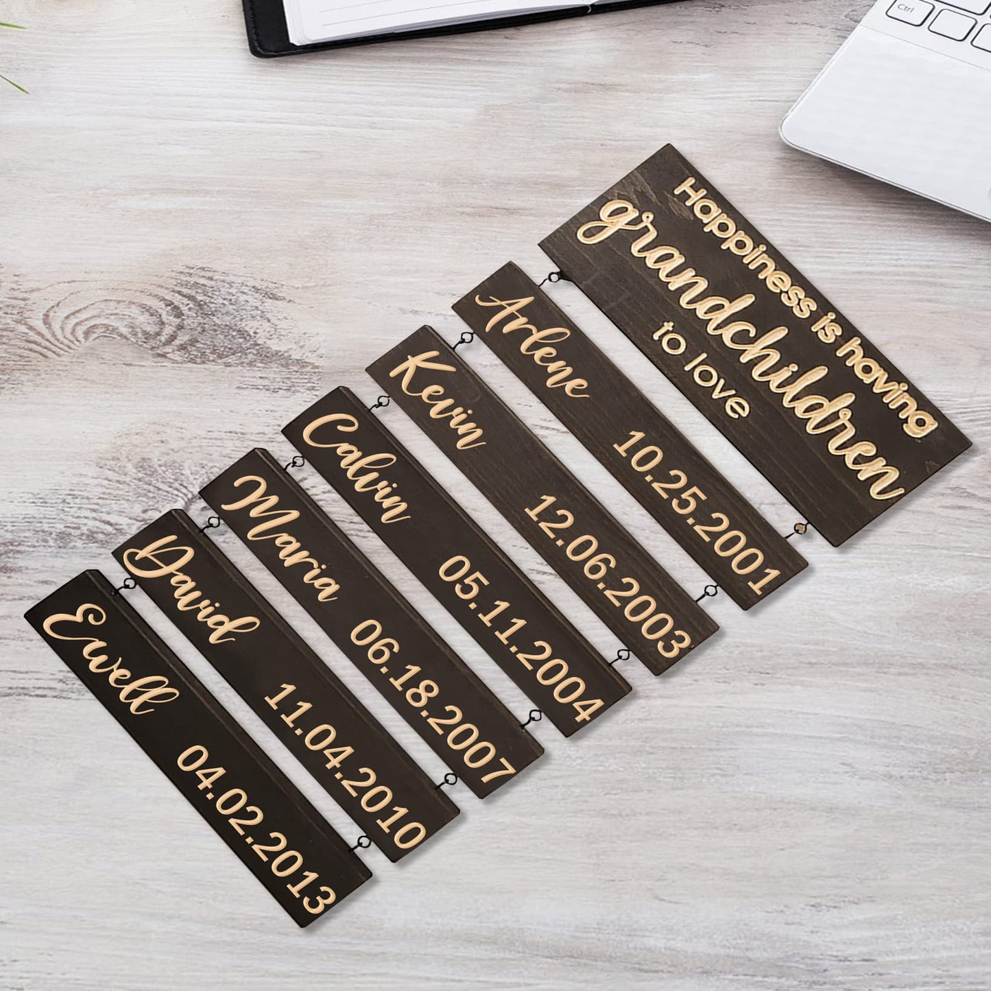 Amabery Happiness is Having Guandchildnen to Love Wood Sign Wall Hanging with 1-10 Names Birth Dates Personalized Grandparent Family Name Plaque Grandmother Grandfather Gift Ideas for Home