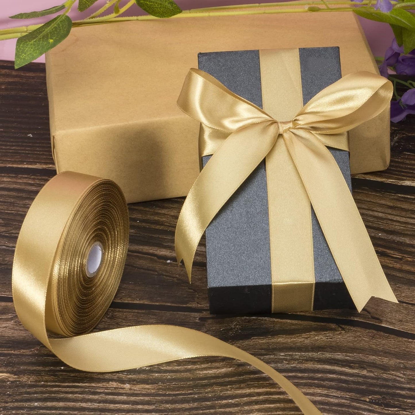 1 Inch Champaign Gold Solid Satin Ribbon, 50 Yards Craft Fabric Ribbon for Gift Wrapping Floral Bouquets Wedding Party Decoration