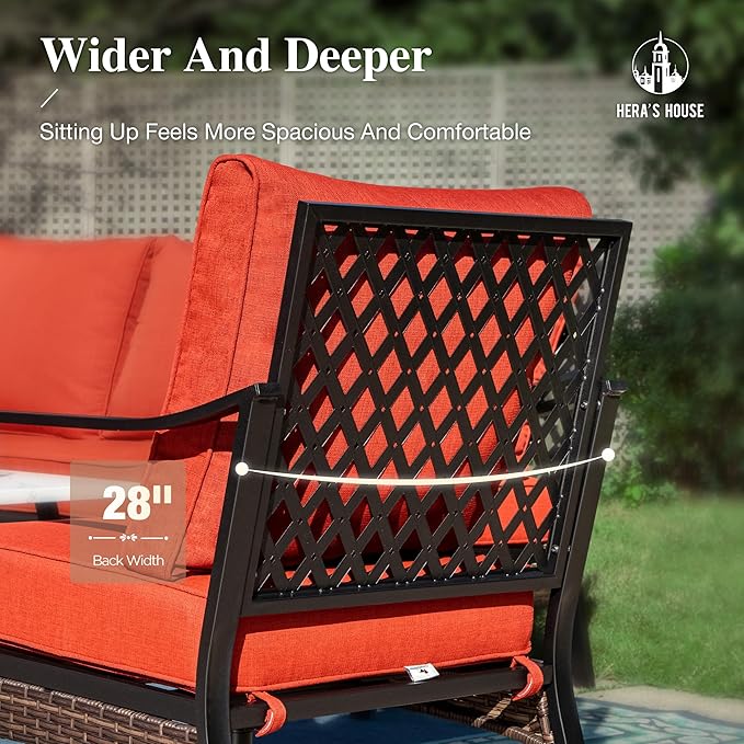 HERA'S HOUSE 4 Piece Metal Patio Furniture Set, 2 x Rocking Cushioned Chair, 2-Seat Lover Sofa with Coffee Table, All Weather Outdoor Conversation Set for Lawn Garden Backyard Deck, Red