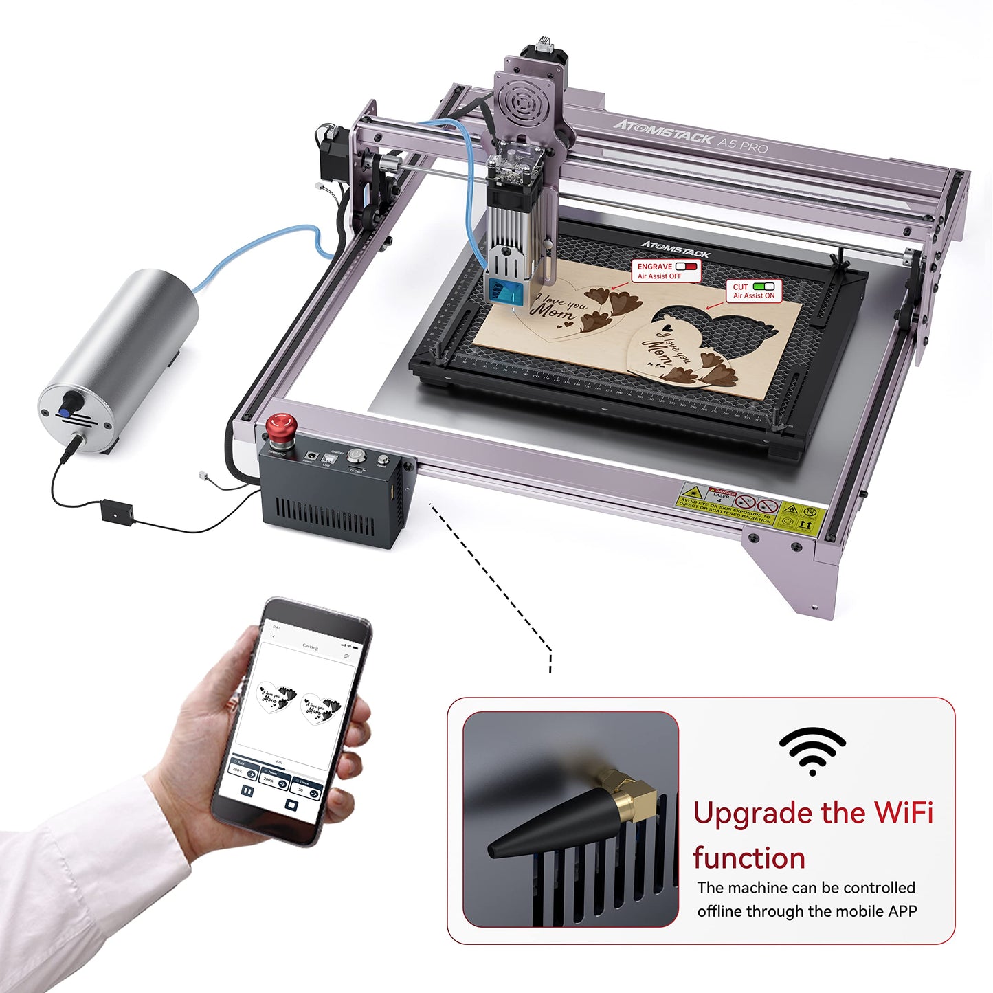 AIC1 Air Assist Automatic Control Kit for All Atomstack Frame-Shape 400 * 410 mm Laser Engraving Machine, Support Offline Engraving, with Emergency Stop Button and Reset Button