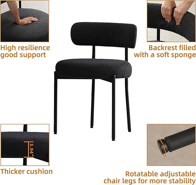 DYHOME Black Boucle Dining Chairs Set of 6, Modern Upholstered Dining Chairs with Curved Backrest and Metal Legs, Kitchen Dining Room Chairs