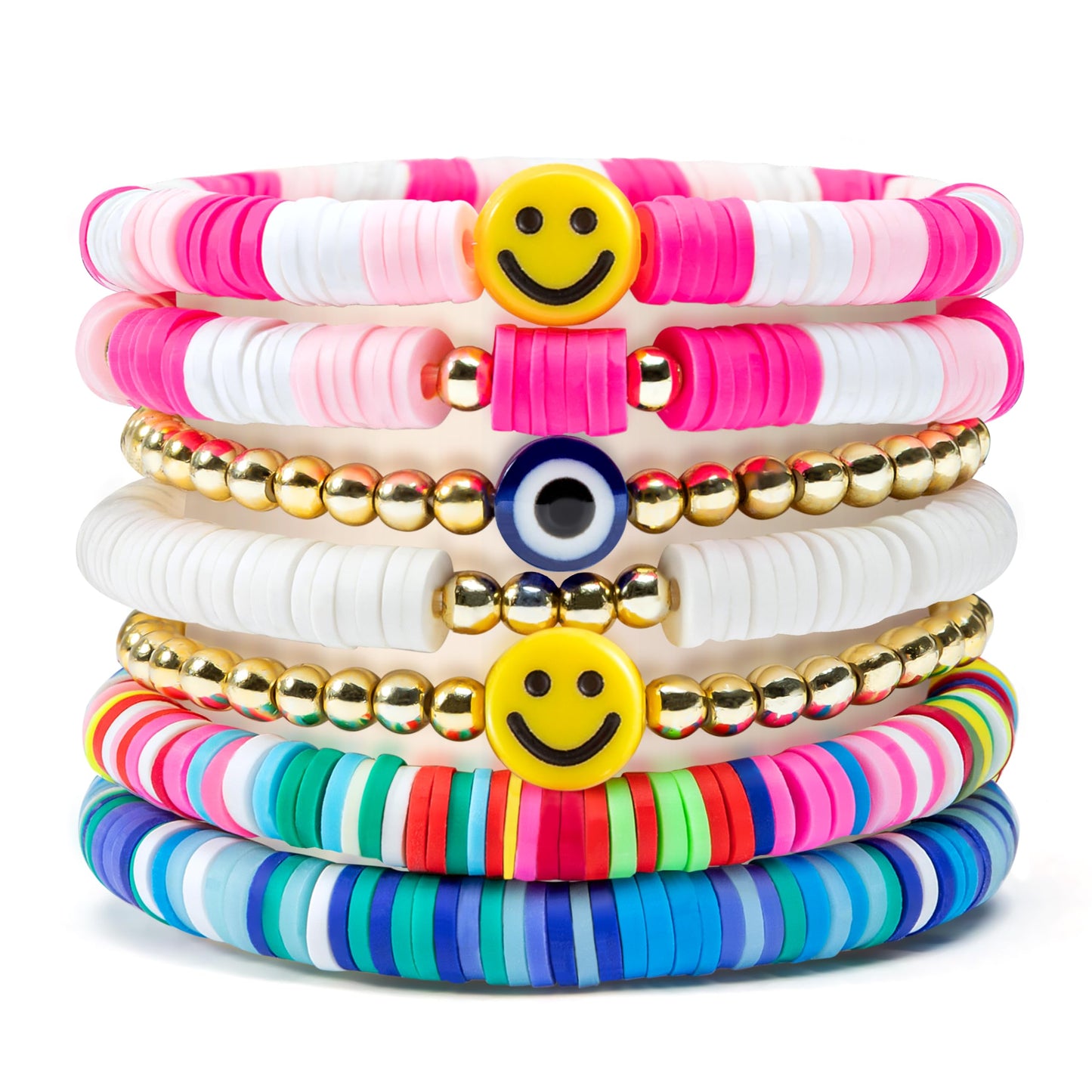 Y1tvei 7Pcs Heishi Surfer Bracelets Set Colorful Preppy Smile Evil Eye Beaded Stretch Bracelets Clay Stackable Boho Disc Y2K Aes