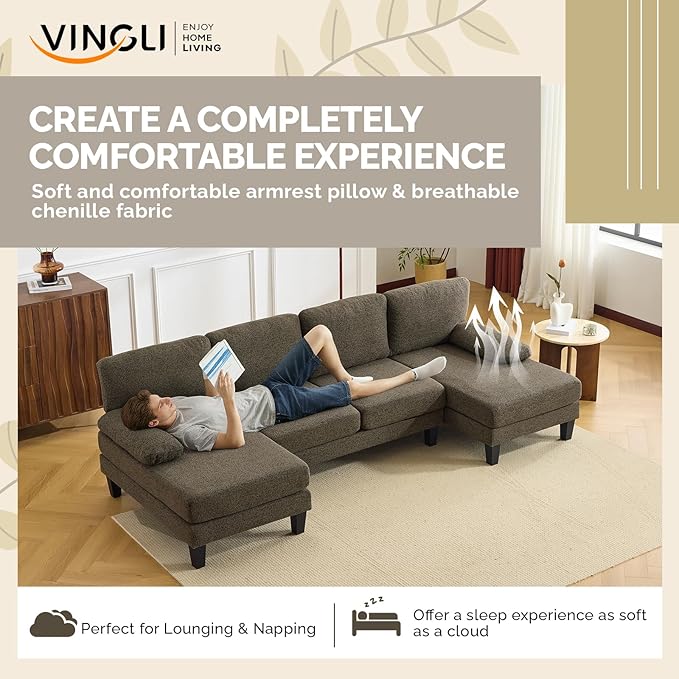 VINGLI 110' U-Shaped Sectional Couch with Two Chaise, Affordable Small Sofa with 4 Seats, Chenille Fabric Comfy Couches for Living Room, Dark Brown