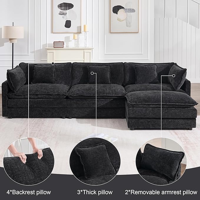 KIVENJAJA 111.5”W Chenille L-Shaped Modular Sectional Sofa, Modern 3-Seater Comfy Deep Seat Cloud Couch with Ottoman/Chaise & 5 Pillows for Living Room Office Apartment, Black