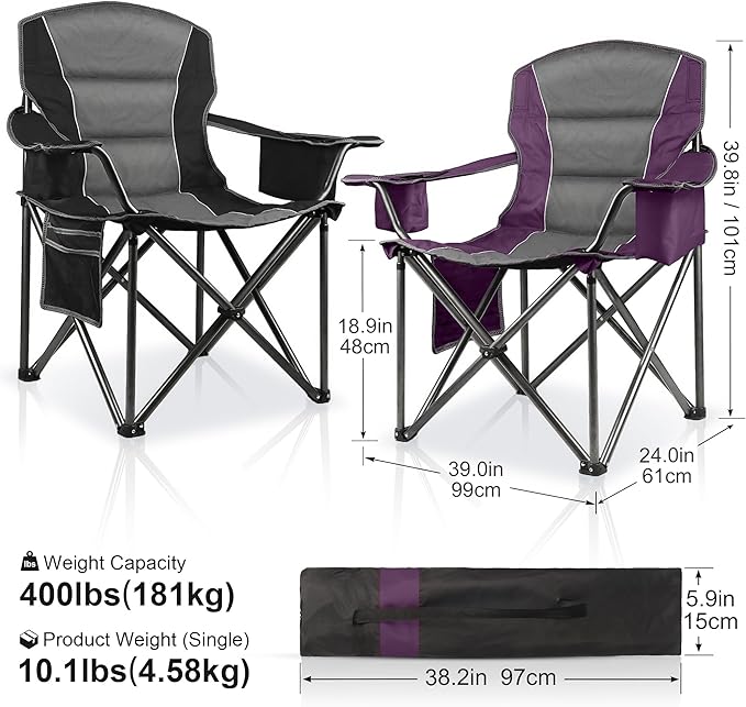LANMOUNTAIN 2 Pack Padded Oversized Camping Chairs for Adults,Heavy Duty Support 400 Lbs,Folding Portable Lawn Chair w/Cup Holder,Cooler Bag,Side Pocket,Perfect for Outdoor Picnic,Hiking(Purple&Black)