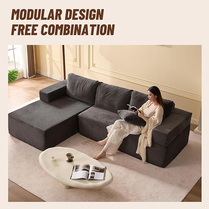 Afuson 107" Boneless Couch with Deep Seat, Modular Sectional Sofa, Cloud Sectional Couch for Living Room, No Assembly Required, Corduroy, L-Shape Left, Grey