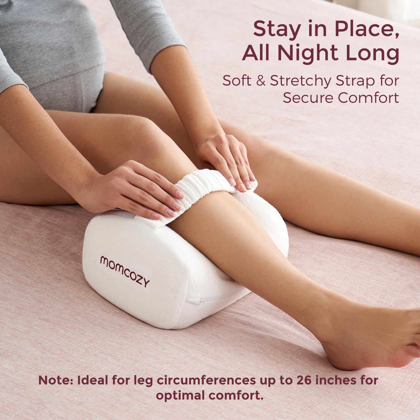 Momcozy Knee Pillow for Side Sleepers, Soft Memory Foam Support Spine Alignment Pregnancy Leg Pillow for HIPS, Back, Sciatica Pain, Fixed Strap for Moving, Wider Contact Even Pressure