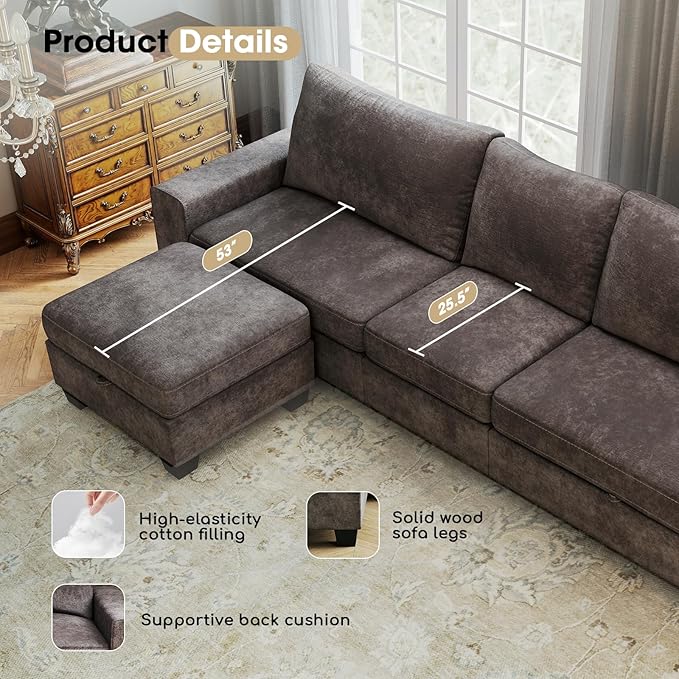 Couchus 112“ Convertible Storage Sectional Sofa,L Shaped Couch with Storage Ottoman,Multi-Functional Reversible Sofa with Huge Storage Space, Breathable Fabric(Dark Grey)
