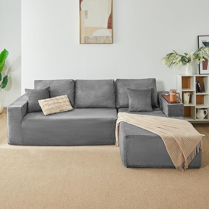 Modular Sectional Sofa Cloud Couch with Multi-Functional Armrests, Boneless Plush L-Shape Living Room Couch with Deep Seat, Fluffy Comfy Sleeper Sofa Easy Assembly (Gray, Left Chaise)