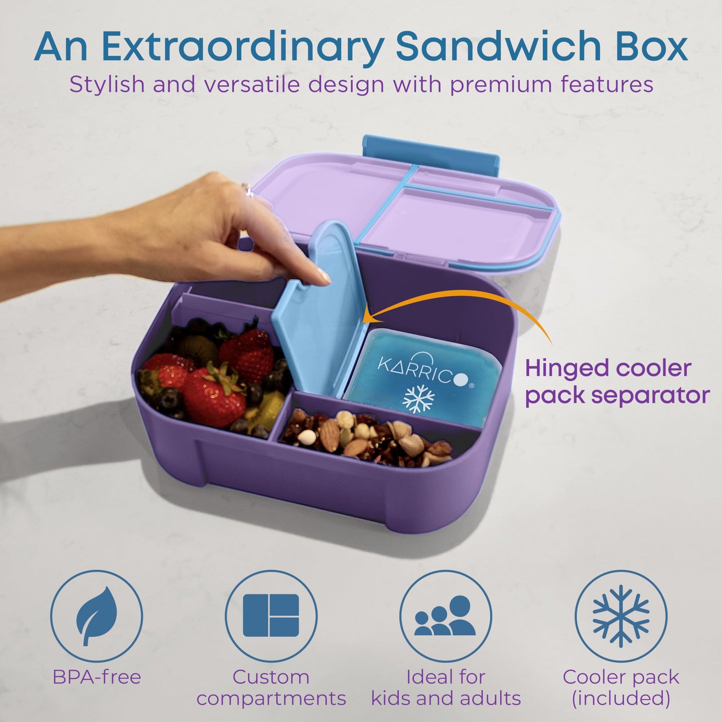 KARRICO Leakproof Lunch Box – 3-Compartment Bento Box, Cooler Pack & Adjustable Divider, Extra Large & BPA-Free – Dishwasher Safe, Ideal for On-the-Go Meals, Lilac & Blue