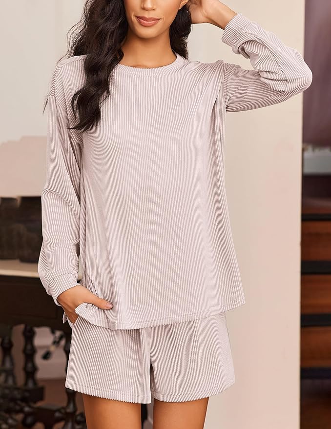 Ekouaer 2 Pieces Lounge Set for Women Long Sleeve Pajamas Top and Shorts Matching Sets Outfits with Pockets
