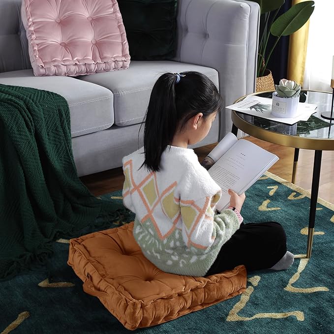 vctops Fall Square Solid Color Velvet Seat Cushion with Handle Tufted Thicken Chair Pad Tatami Floor Pillow Cushion 16.5"x16.5"x4" Dark Orange