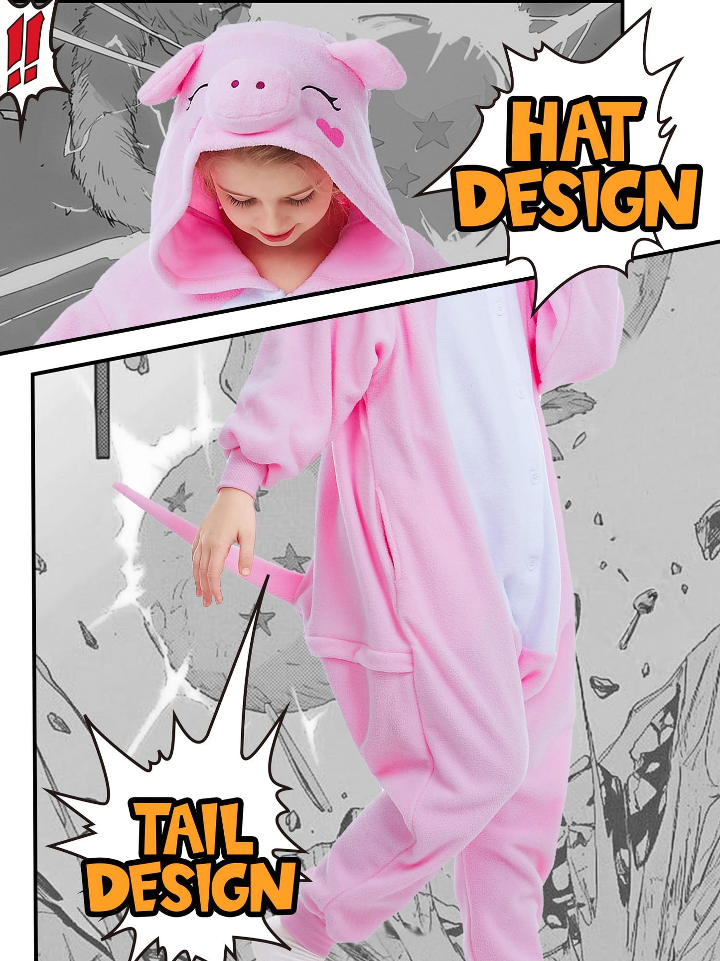 CANASOUR Pig Onesie Kids Halloween Cosplay Costume Girls One Piece Pjs Anime Unisex Hoodie Pajamas Pink For 10-12 Years Boys Party Pyjamas (Height 56-59”, 10 Years, Pig)
