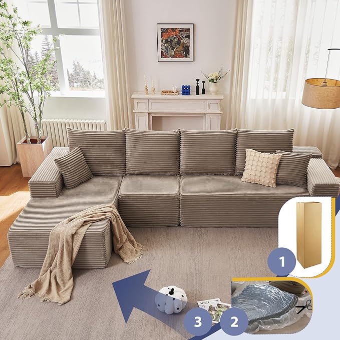 135.4" Cloud Sectional Couch with L-Shape Chaise, Modern Corduroy Boneless Couch for Living Room,Memory Foam Sofa with Deep Seat,No Assembly Required (Camel,Left-Facing Chaise)