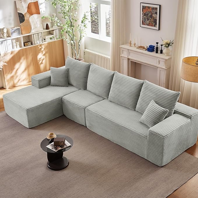 135.4" Cloud Sectional Couch with L-Shape Chaise, Modern Corduroy Boneless Couch for Living Room,Memory Foam Sofa with Deep Seat,No Assembly Required (Grey,Left-Facing Chaise)