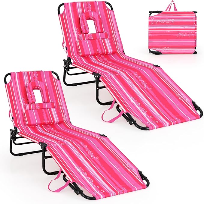 GYMAX Tanning Chair, 350lbs Beach Lounge Chair with Face Hole, Washable Pillow & Carry Strap, Adjustable Folding Chaise Lounge, Layout Lounger for Outside, Patio, Poolside, Lawn (2, Pink Stripe)