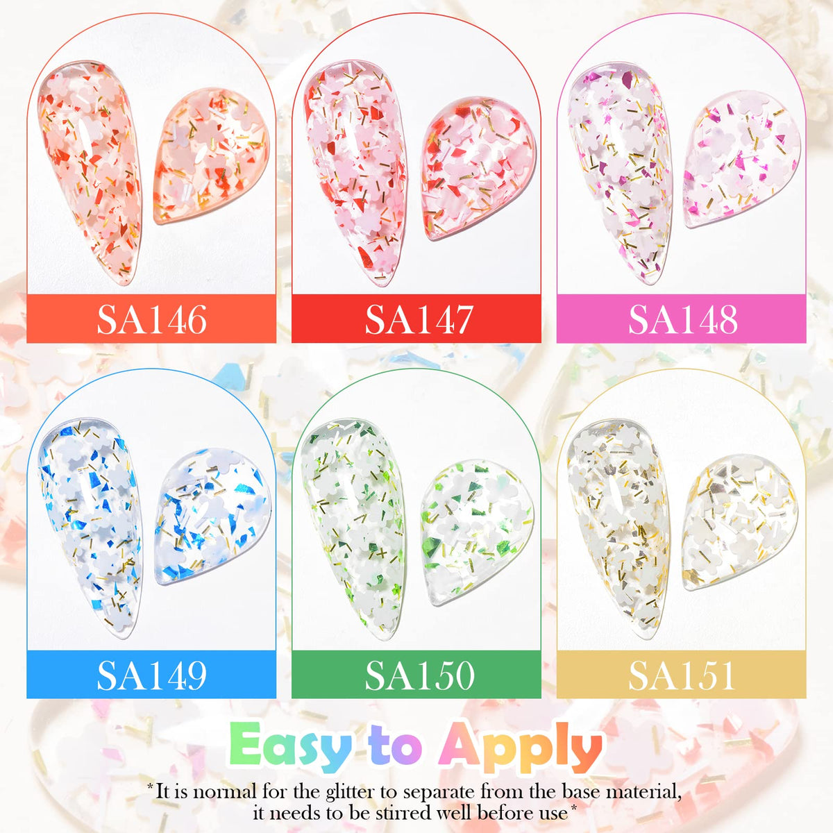Flower Glitter Gel Nail Polish Set - 6 Pcs Diamond Sequins Style Gold Blue Green Clear Pink Jelly Gel Nail Polish Set with Flowe