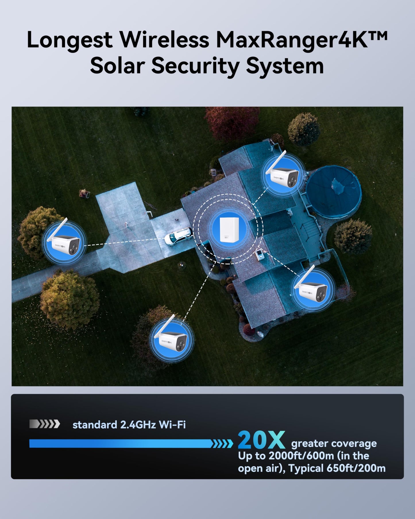 Swann MaxRanger4K Solar Wireless Security Camera System, 4K Ultra HD Outdoor Cameras, Long-Range Wi-Fi up to 2000ft, Color Night Vision, No Monthly Fees, 3-Cam Kit，MAXV2SD3