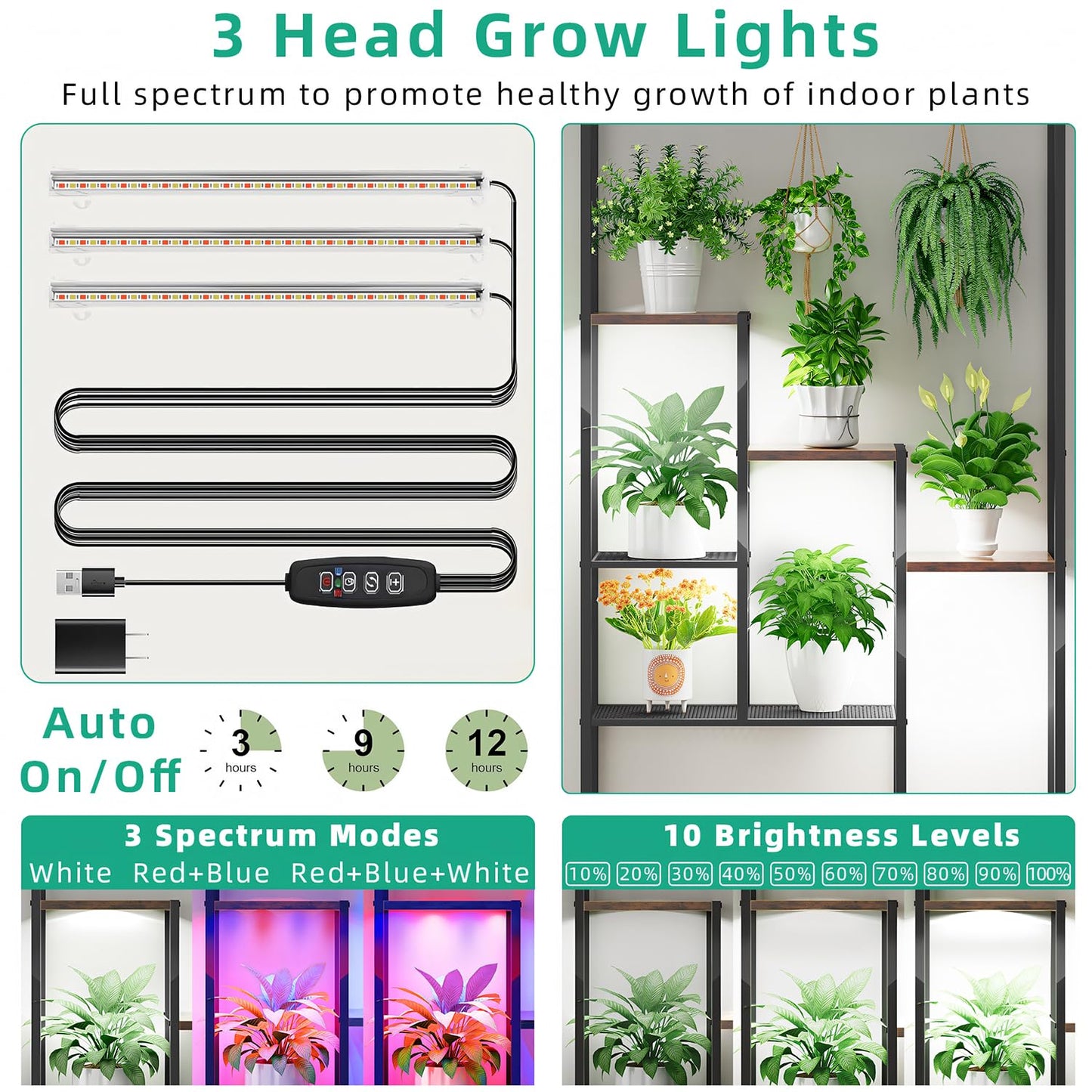 Plant Stand Indoor with Grow Lights - 7-Tier Metal Wooden Plant Shelf Indoor, 67.7" Tall Plant stand, Corner Plant Stand for Living Room, Balcony, Patio & Corner (Rustic Brown)