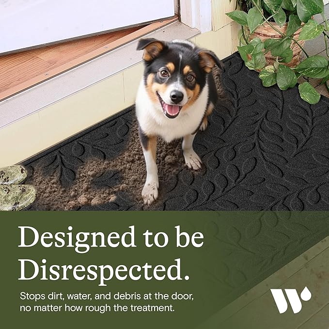 WaterHog Welcome Mat for Indoor/Outdoor, 3’ x 5’, Made in USA, Durable & Water-Resistant, Dirt Trapping Mat, Decorative Front Door and Entryway Rug, Brittney Leaf Design, Charcoal
