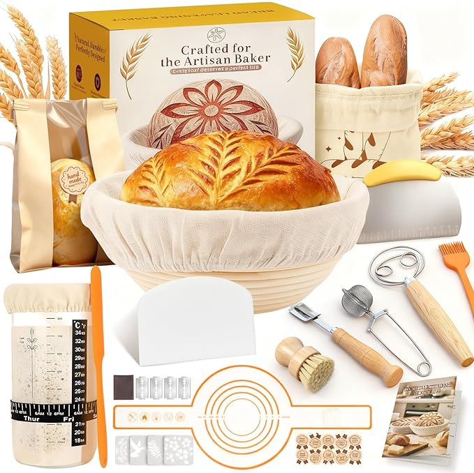 RYMTOX Complete Sourdough Starter Kit | Easy to Clean & Use for Beginners & Bakers | Natural Rattan Proofing Basket with F...